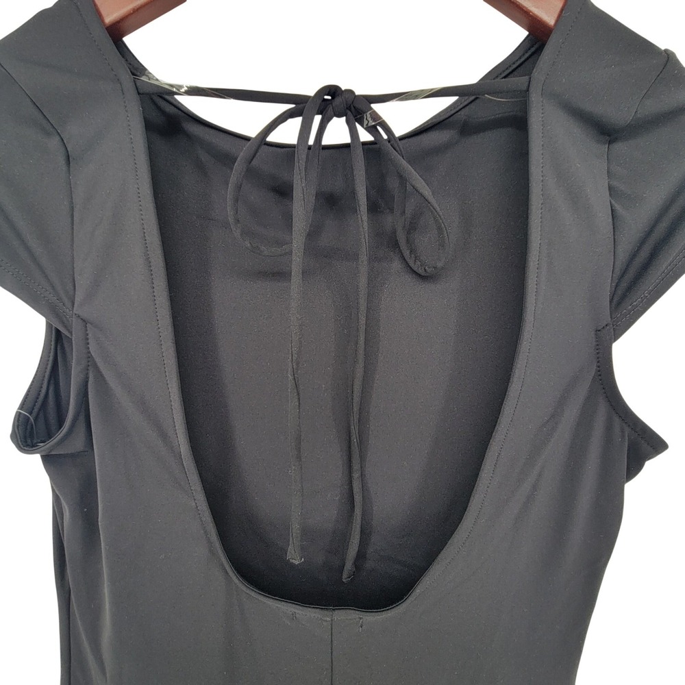 New Women's Black Open Back Tie Detail Bodycon Midi Dress Medium Cap Sleeve LBD